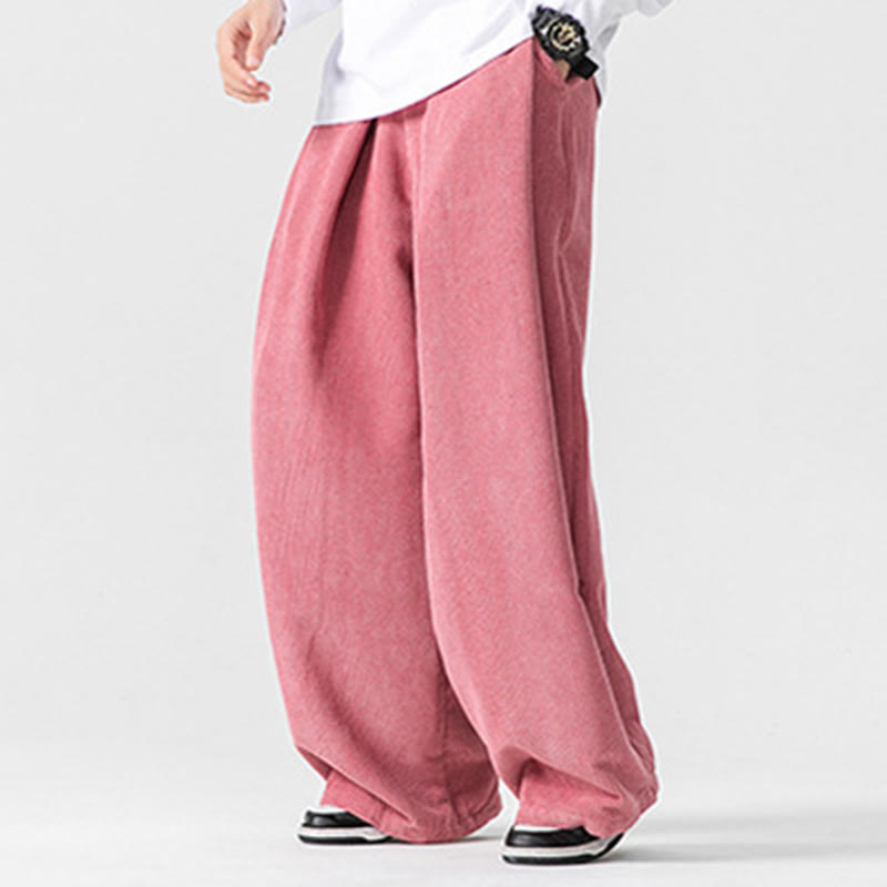 Buddha Stones Solid Color Cotton Corduroy Men's Wide Leg Pants With Pockets