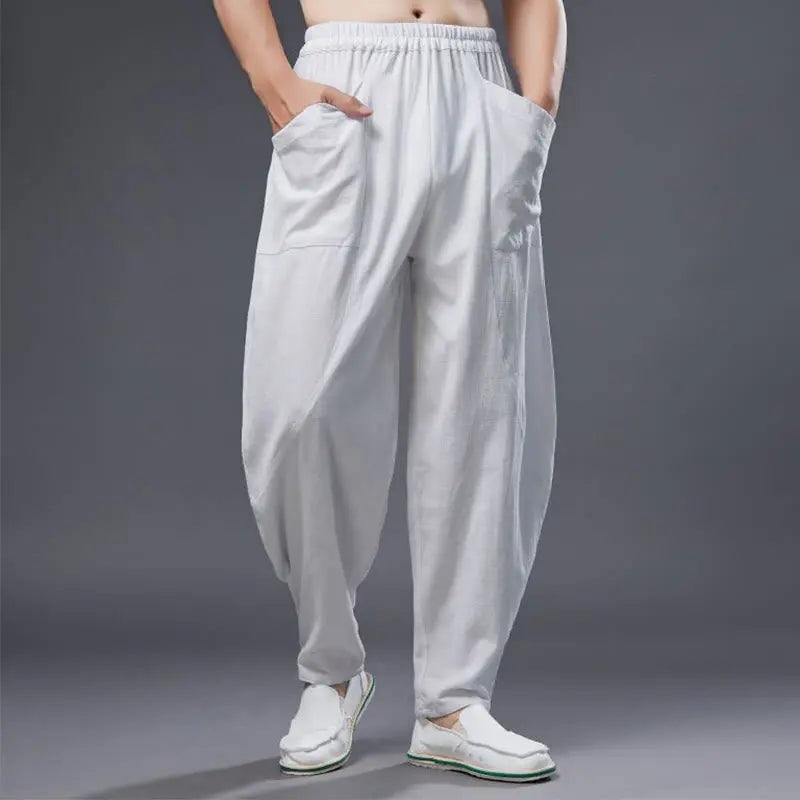 Buddha Stones Solid Color Cotton Ramie Linen Men's Elastic Waist Harem Pants With Pockets BS