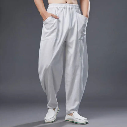 Buddha Stones Solid Color Cotton Ramie Linen Men's Elastic Waist Harem Pants With Pockets BS