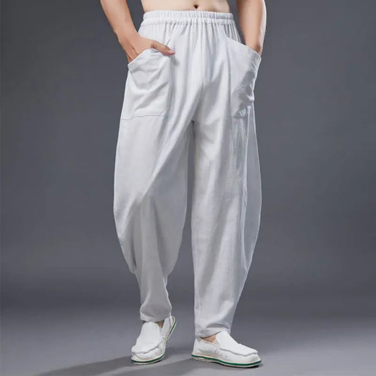 Buddha Stones Solid Color Cotton Ramie Linen Men's Elastic Waist Harem Pants With Pockets BS