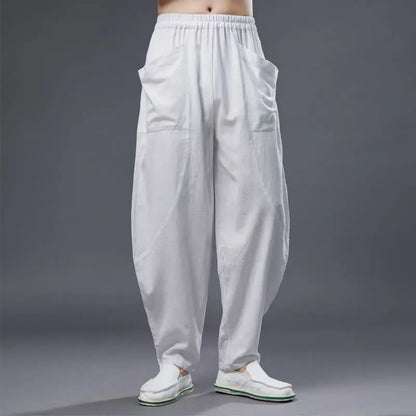 Buddha Stones Solid Color Cotton Ramie Linen Men's Elastic Waist Harem Pants With Pockets BS