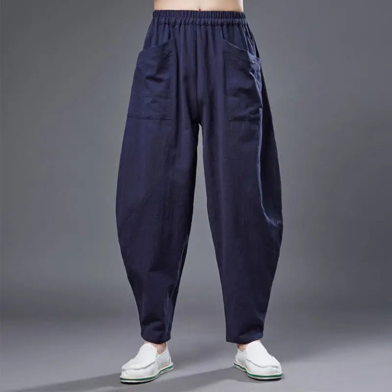 Buddha Stones Solid Color Cotton Ramie Linen Men's Elastic Waist Harem Pants With Pockets BS