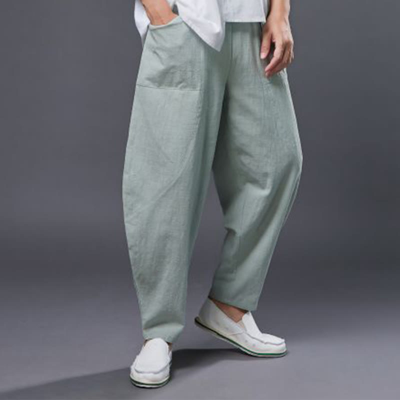 Buddha Stones Solid Color Cotton Ramie Linen Men's Elastic Waist Harem Pants With Pockets