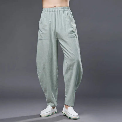 Buddha Stones Solid Color Cotton Ramie Linen Men's Elastic Waist Harem Pants With Pockets BS