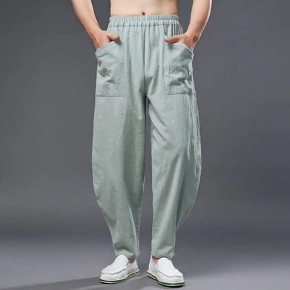 Buddha Stones Solid Color Cotton Ramie Linen Men's Elastic Waist Harem Pants With Pockets BS