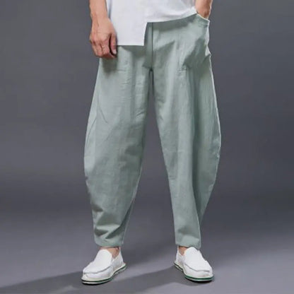 Buddha Stones Solid Color Cotton Ramie Linen Men's Elastic Waist Harem Pants With Pockets BS