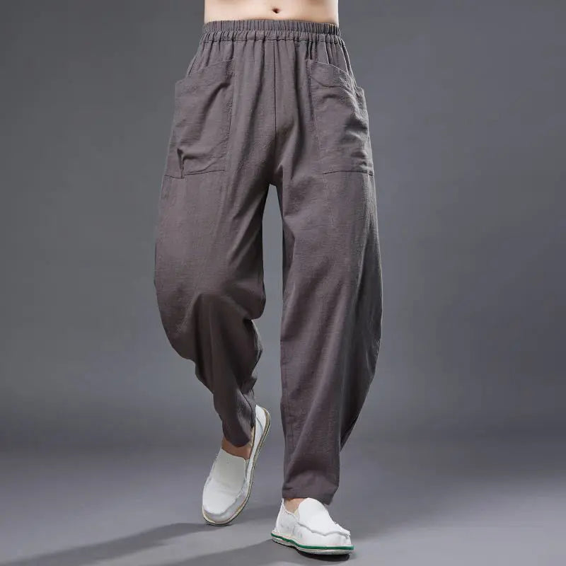 Buddha Stones Solid Color Cotton Ramie Linen Men's Elastic Waist Harem Pants With Pockets BS