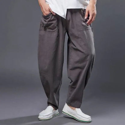 Buddha Stones Solid Color Cotton Ramie Linen Men's Elastic Waist Harem Pants With Pockets BS