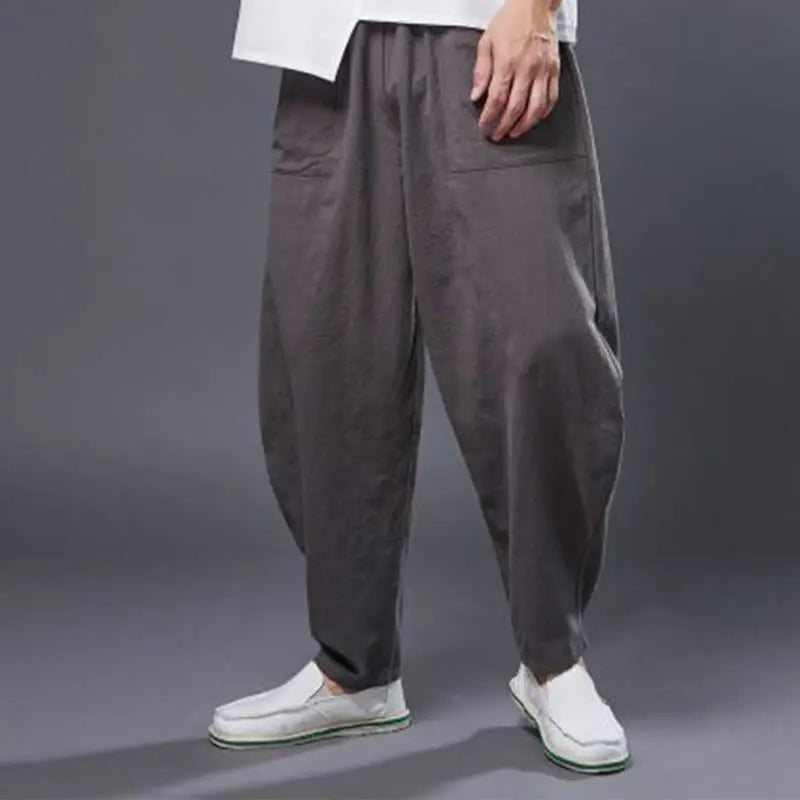 Buddha Stones Solid Color Cotton Ramie Linen Men's Elastic Waist Harem Pants With Pockets BS