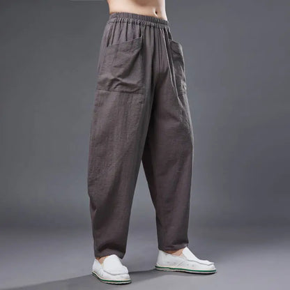Buddha Stones Solid Color Cotton Ramie Linen Men's Elastic Waist Harem Pants With Pockets BS