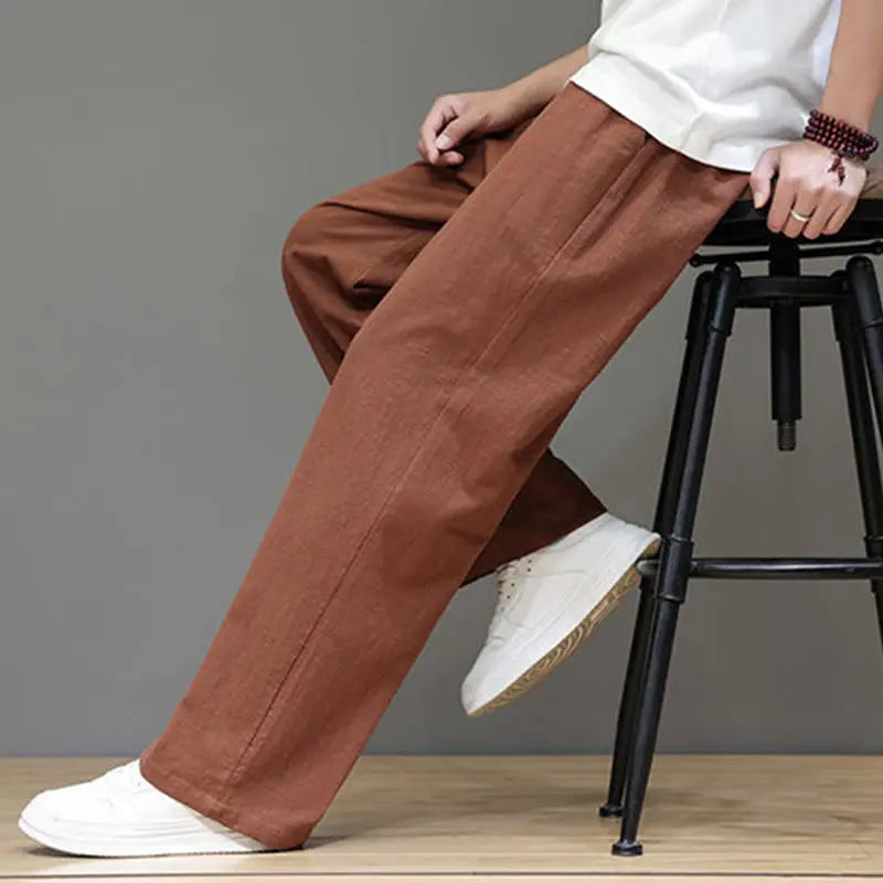 Buddha Stones Summer Men's Linen Straight Leg Pants With Pockets BS