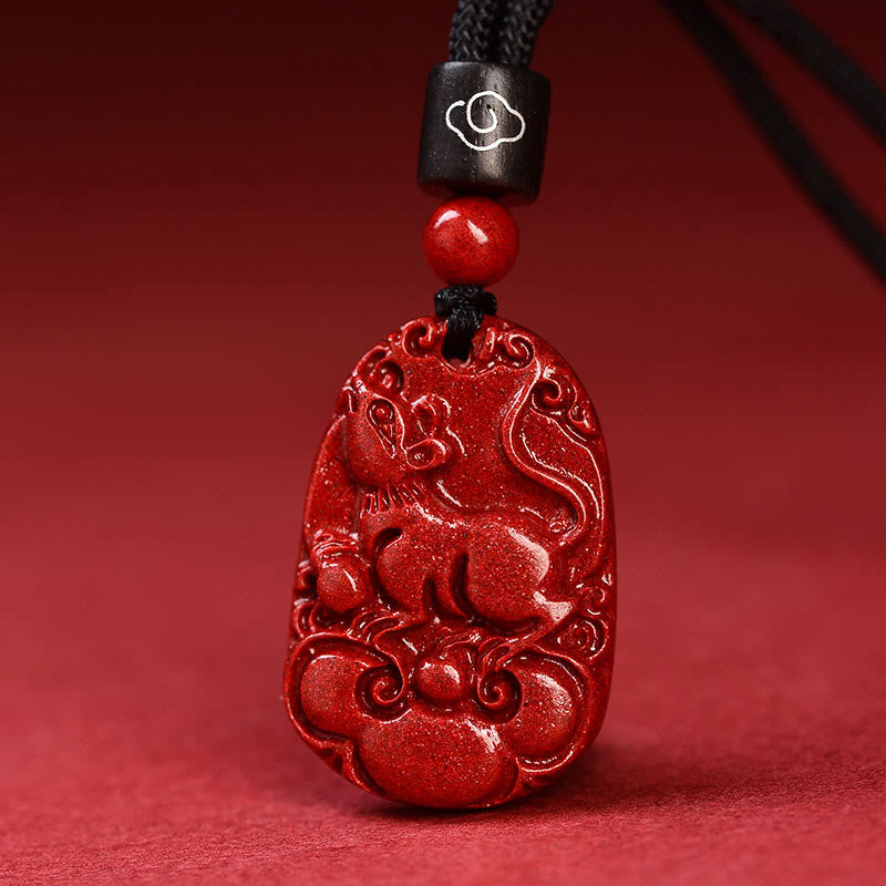Collier pendentif calme en corde noire et cinabre avec pierres de Bouddha et signe du zodiaque chinois