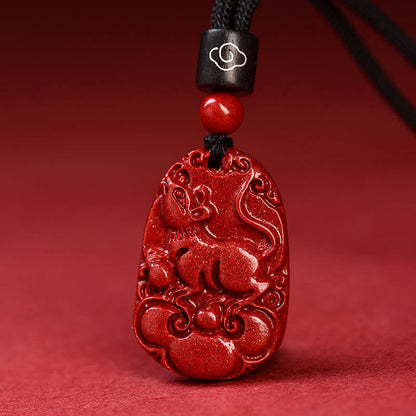 Collier pendentif calme en corde noire et cinabre avec pierres de Bouddha et signe du zodiaque chinois