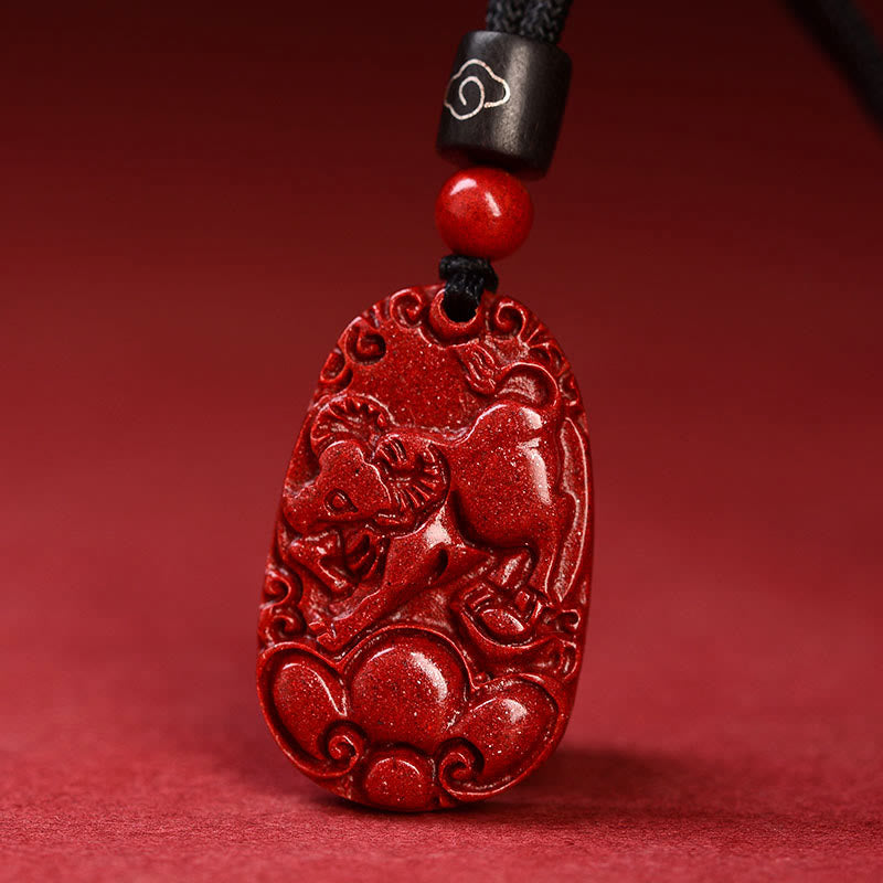 Collier pendentif calme en corde noire et cinabre avec pierres de Bouddha et signe du zodiaque chinois