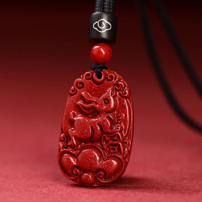 Collier pendentif calme en corde noire et cinabre avec pierres de Bouddha et signe du zodiaque chinois