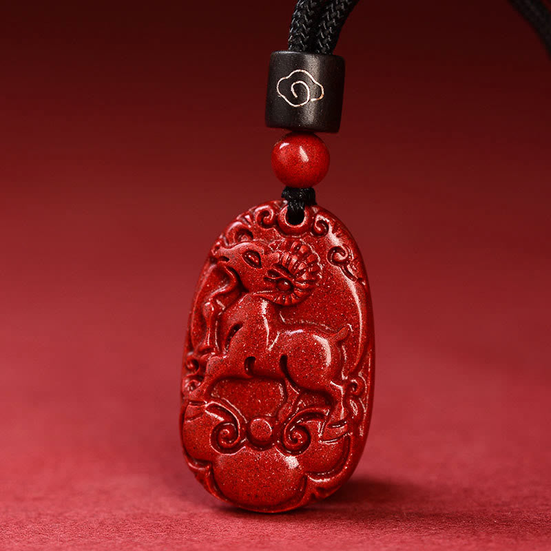 Collier pendentif calme en corde noire et cinabre avec pierres de Bouddha et signe du zodiaque chinois