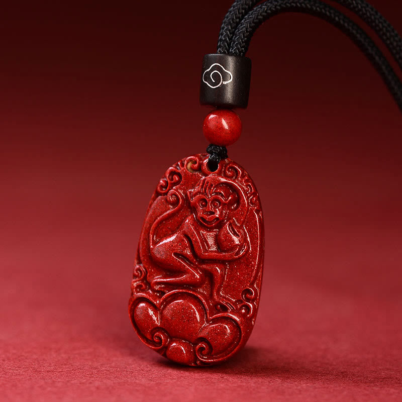 Collier pendentif calme en corde noire et cinabre avec pierres de Bouddha et signe du zodiaque chinois