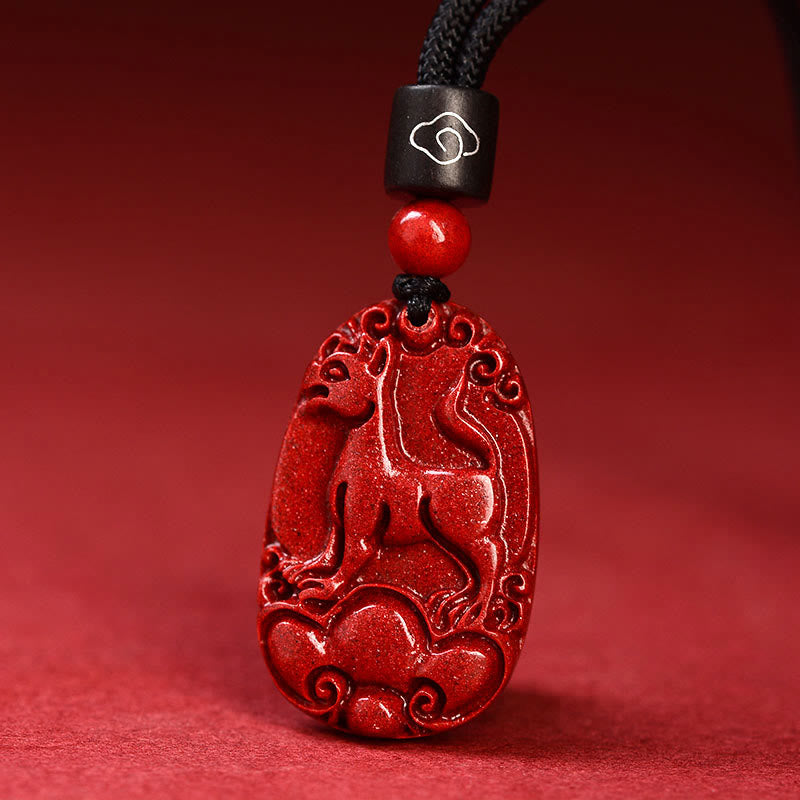 Collier pendentif calme en corde noire et cinabre avec pierres de Bouddha et signe du zodiaque chinois