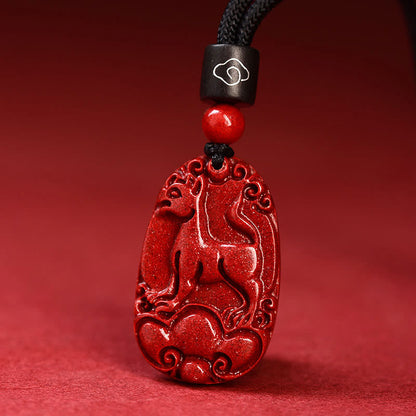 Collier pendentif calme en corde noire et cinabre avec pierres de Bouddha et signe du zodiaque chinois