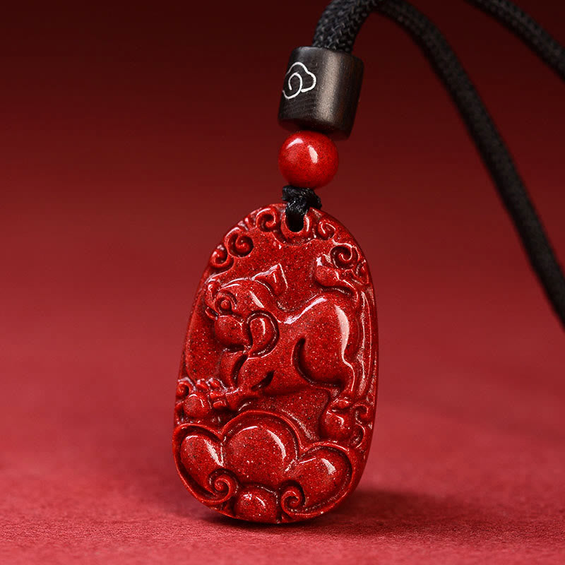 Collier pendentif calme en corde noire et cinabre avec pierres de Bouddha et signe du zodiaque chinois