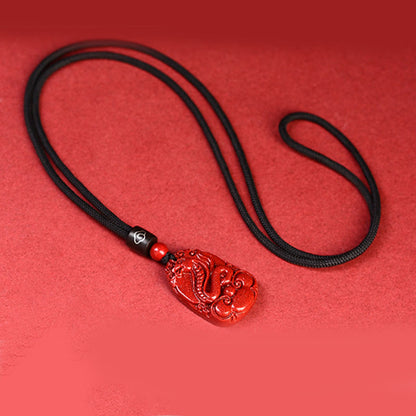 Collier pendentif calme en corde noire et cinabre avec pierres de Bouddha et signe du zodiaque chinois