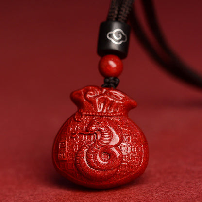 Collier pendentif calme en cinabre en forme de sac d'argent en pierres de Bouddha et signe du zodiaque chinois
