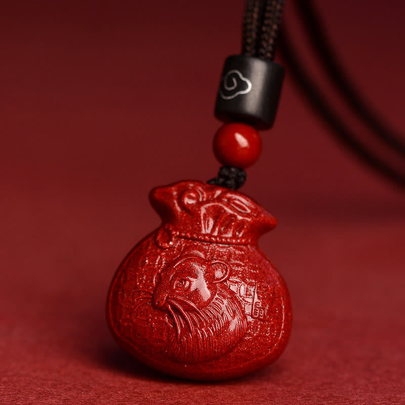 Collier pendentif calme en cinabre en forme de sac d'argent en pierres de Bouddha et signe du zodiaque chinois