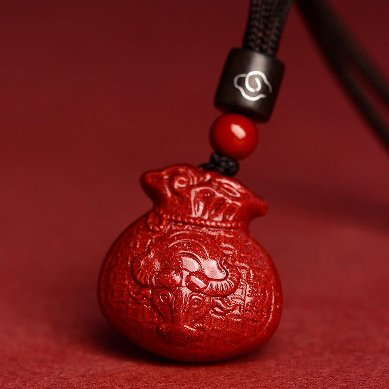 Collier pendentif calme en cinabre en forme de sac d'argent en pierres de Bouddha et signe du zodiaque chinois