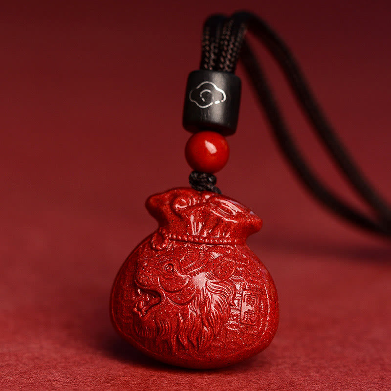 Collier pendentif calme en cinabre en forme de sac d'argent en pierres de Bouddha et signe du zodiaque chinois