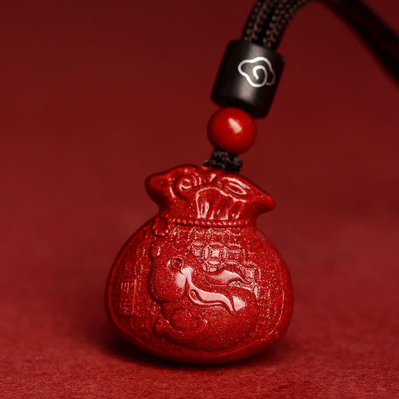 Collier pendentif calme en cinabre en forme de sac d'argent en pierres de Bouddha et signe du zodiaque chinois