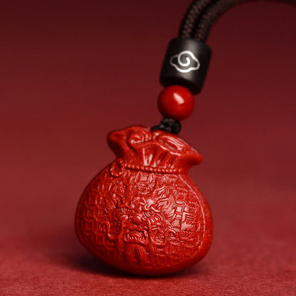 Collier pendentif calme en cinabre en forme de sac d'argent en pierres de Bouddha et signe du zodiaque chinois