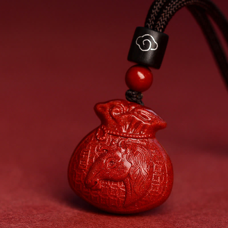 Collier pendentif calme en cinabre en forme de sac d'argent en pierres de Bouddha et signe du zodiaque chinois