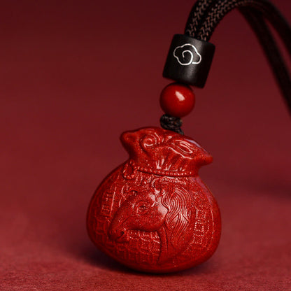 Collier pendentif calme en cinabre en forme de sac d'argent en pierres de Bouddha et signe du zodiaque chinois