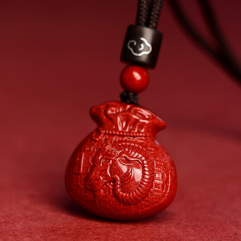 Collier pendentif calme en cinabre en forme de sac d'argent en pierres de Bouddha et signe du zodiaque chinois