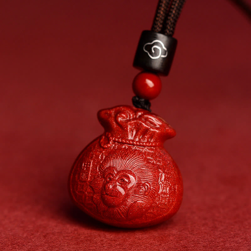 Collier pendentif calme en cinabre en forme de sac d'argent en pierres de Bouddha et signe du zodiaque chinois