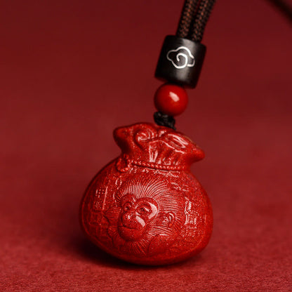 Collier pendentif calme en cinabre en forme de sac d'argent en pierres de Bouddha et signe du zodiaque chinois