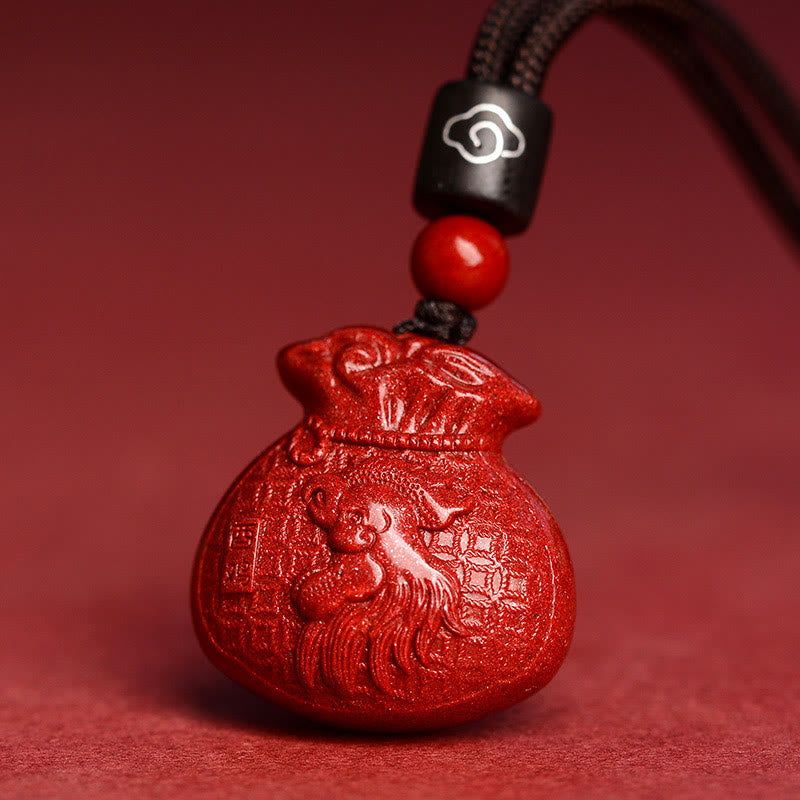 Buddha Stones Chinese Zodiac Money Bag Shape Cinnabar Calm Necklace Pendant