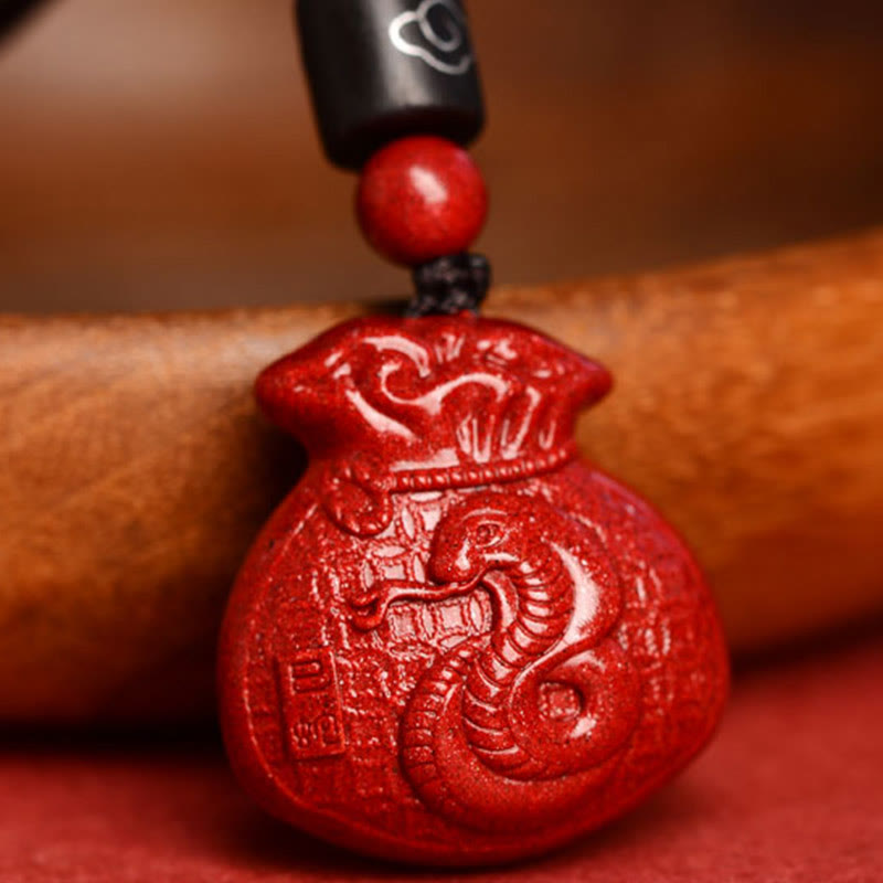 Collier pendentif calme en cinabre en forme de sac d'argent en pierres de Bouddha et signe du zodiaque chinois