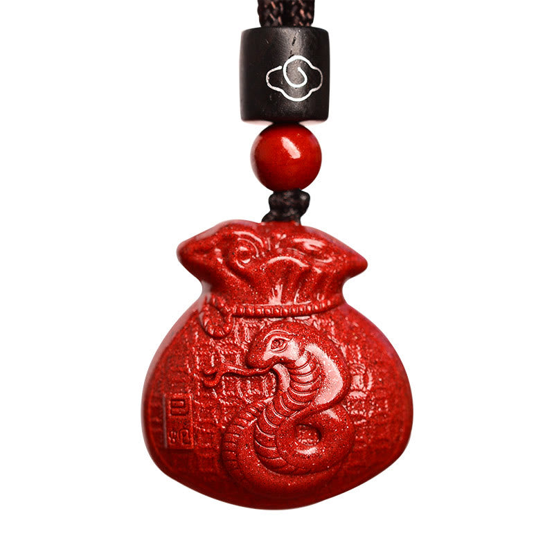 Collier pendentif calme en cinabre en forme de sac d'argent en pierres de Bouddha et signe du zodiaque chinois