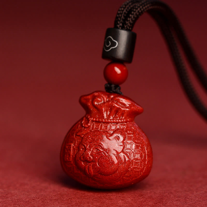Collier pendentif calme en cinabre en forme de sac d'argent en pierres de Bouddha et signe du zodiaque chinois
