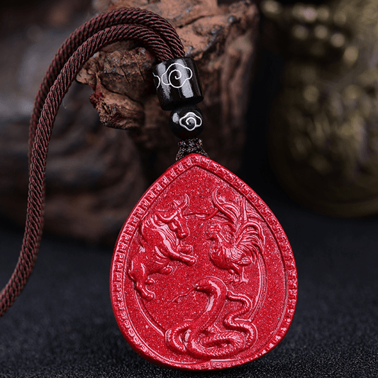 Collier pendentif bénédiction cinabre avec pierres de Bouddha et signe du zodiaque chinois