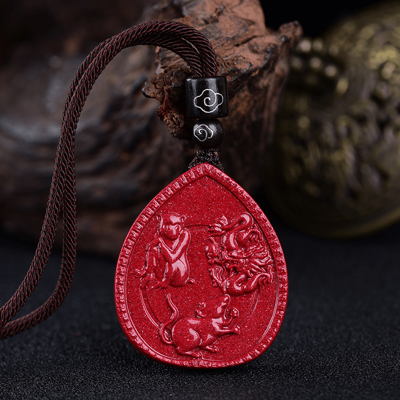 Collier pendentif bénédiction cinabre avec pierres de Bouddha et signe du zodiaque chinois