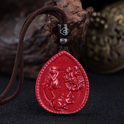Collier pendentif bénédiction cinabre avec pierres de Bouddha et signe du zodiaque chinois