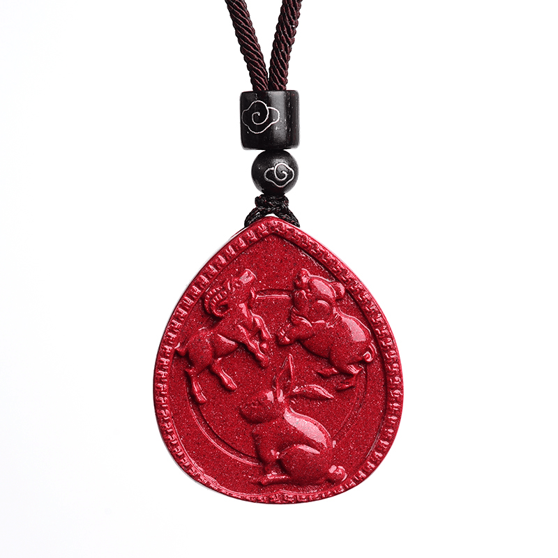 Collier pendentif bénédiction cinabre avec pierres de Bouddha et signe du zodiaque chinois
