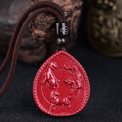 Collier pendentif bénédiction cinabre avec pierres de Bouddha et signe du zodiaque chinois