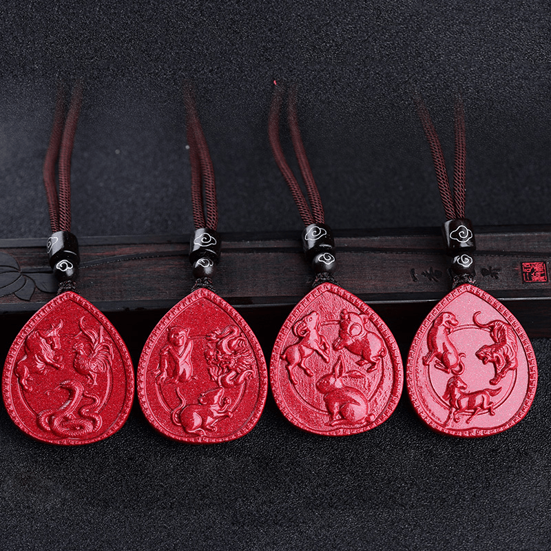 Collier pendentif bénédiction cinabre avec pierres de Bouddha et signe du zodiaque chinois