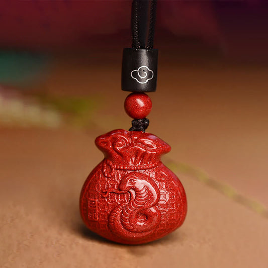 Collier pendentif calme en cinabre en forme de sac d'argent en pierres de Bouddha et signe du zodiaque chinois
