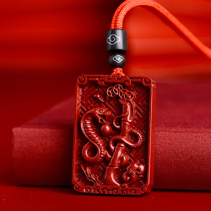 Collier pendentif rectangulaire calme en pierres de Bouddha et zodiaque chinois en cinabre