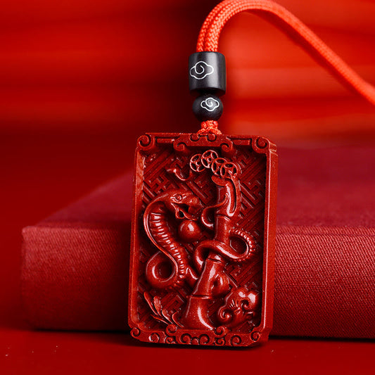 Collier pendentif rectangulaire calme en pierres de Bouddha et zodiaque chinois en cinabre