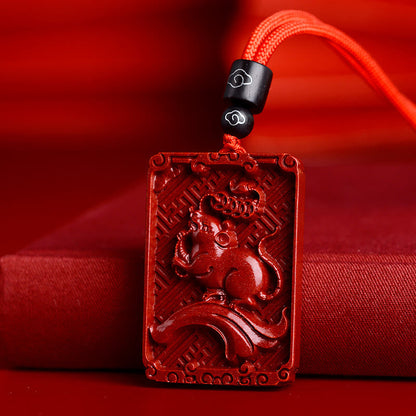 Collier pendentif rectangulaire calme en pierres de Bouddha et zodiaque chinois en cinabre